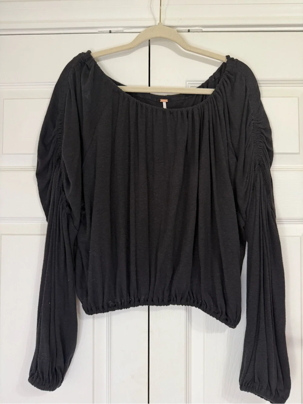 NWT Free People In A Dream Top Black Linen Blend Crop Blouson Sleeve L